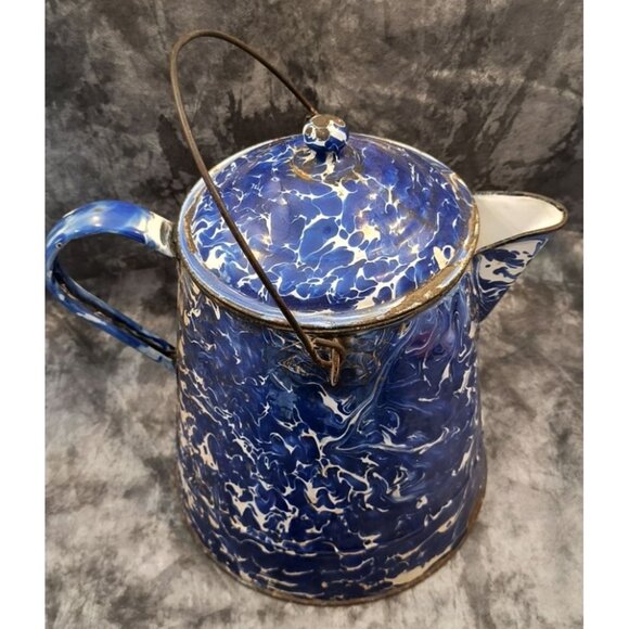 Vintage Blue & White Swirl Graniteware Coffee Pot With Handle & Lid - Picture 3 of 7